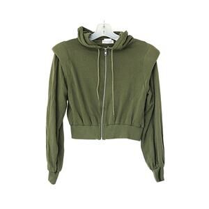 Alex Shoulder Pad Crop Zip Hoodie - Olive Green - XS